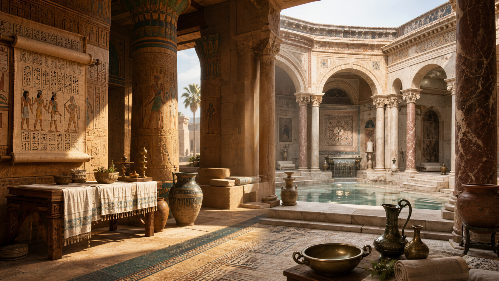 Historically inspired transition from an ancient Egyptian healing temple to a Roman bathhouse