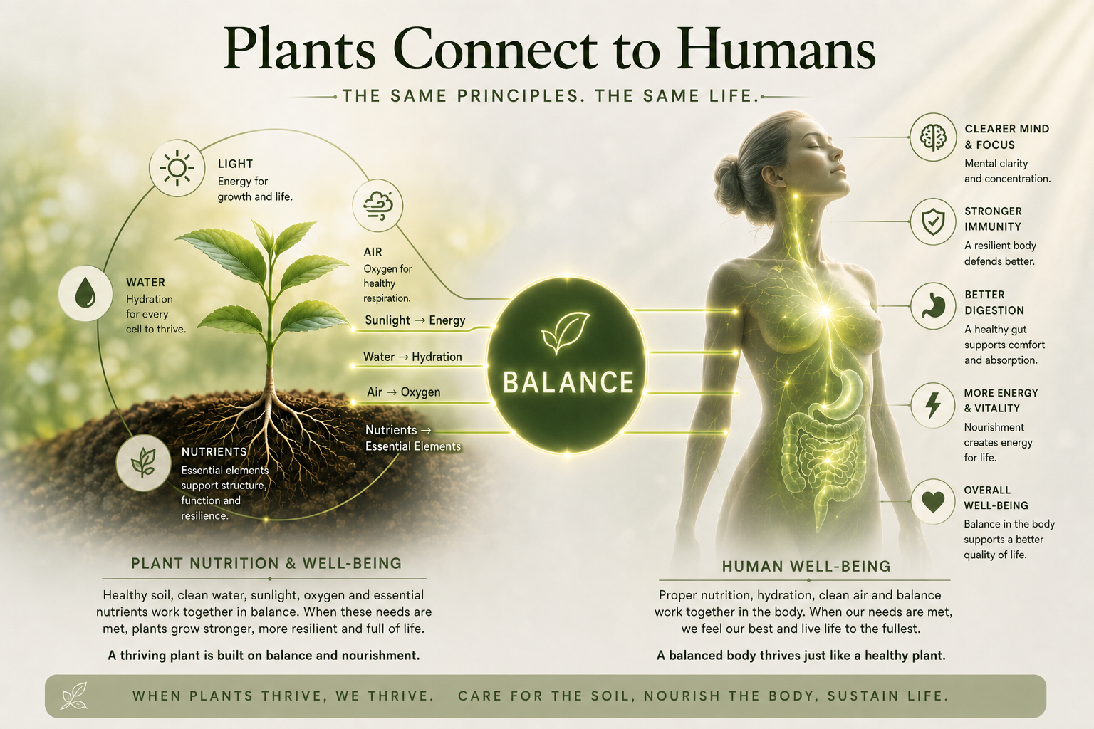 Plants Connect to Humans educational infographic showing sunlight, water, air and nutrients converging into balance before continuing into themes of human wellbeing